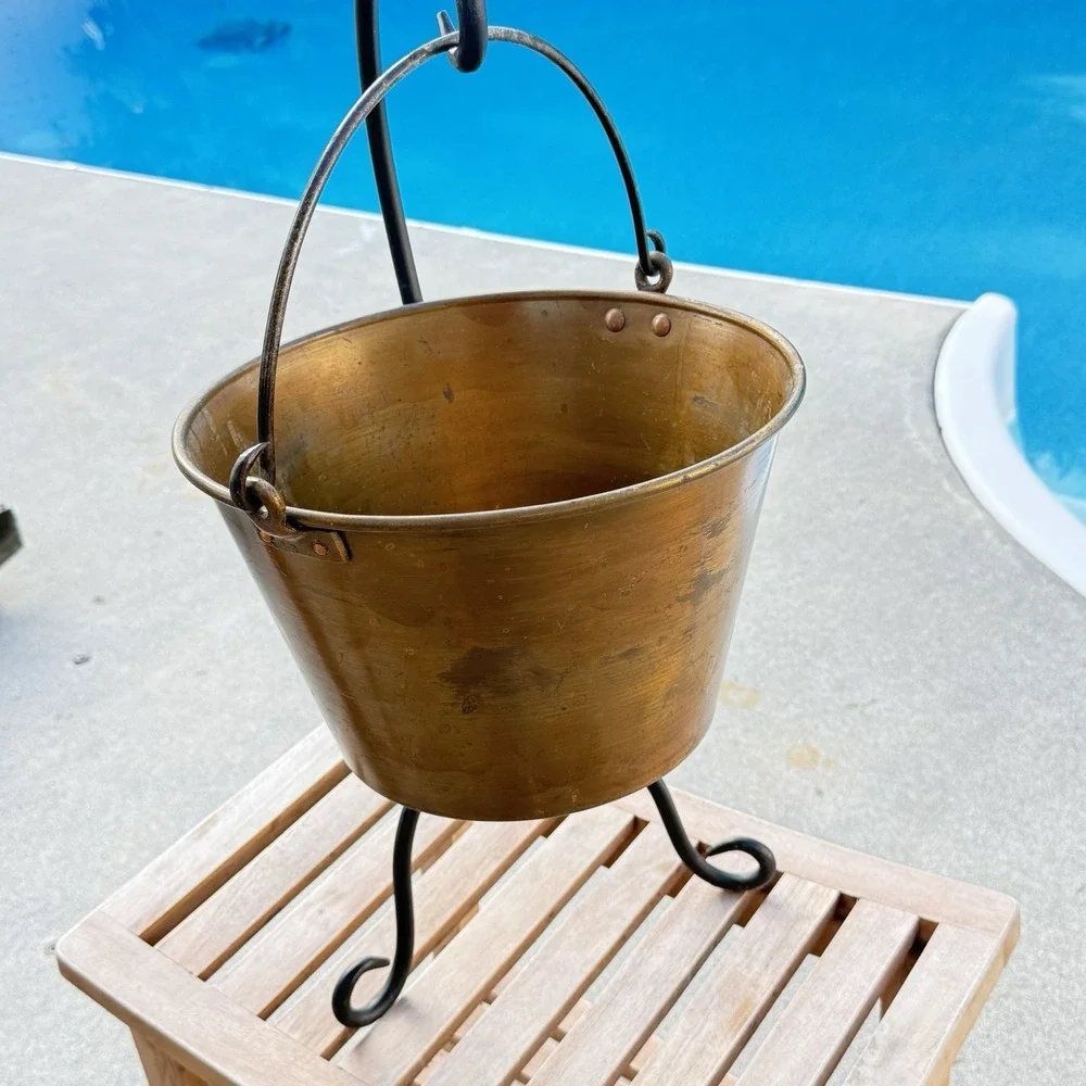 Antique Spun Brass Kettle No4 Wrought Iron Handle Primitive Early American 1800s